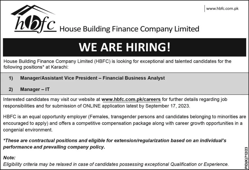 House Building Finance Company Limited HBFC Jobs 2023 – House Building Finance Company Ltd Jobs 2023 — original advertisement