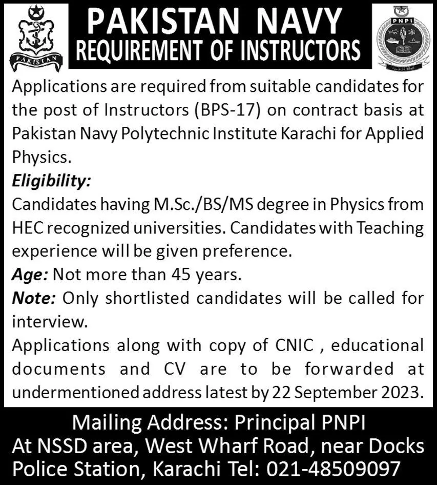 Pakistan Navy Instructor Karachi Jobs 2023 Jobs 2023 — original advertisement