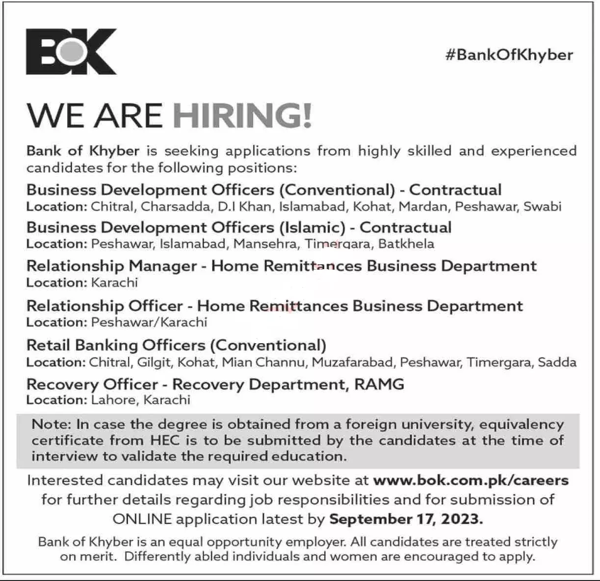 The Bank of Khyber BOK Bank Peshawar Jobs 2023 Jobs 2023 — original advertisement