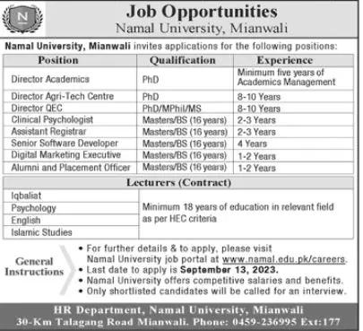 Namal University Mianwali Punjab Jobs 2023 Jobs 2023 — original advertisement
