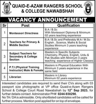 Quaid -E-Azam Rangers School & College Nawabshah Jobs 2023 – Quaid E Azam Rangers School and College Jobs 2023 — original advertisement
