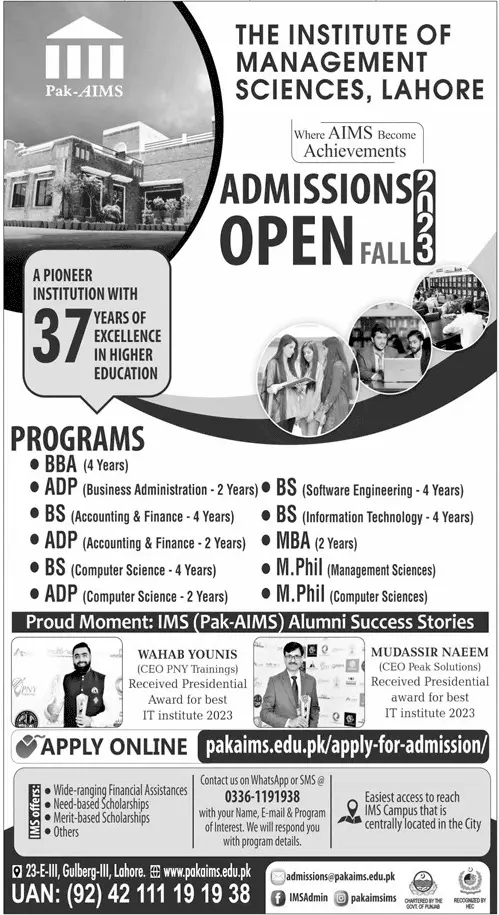 Institute of Management Sciences Lahore Admissions 2023 Admissions 2023 — original advertisement