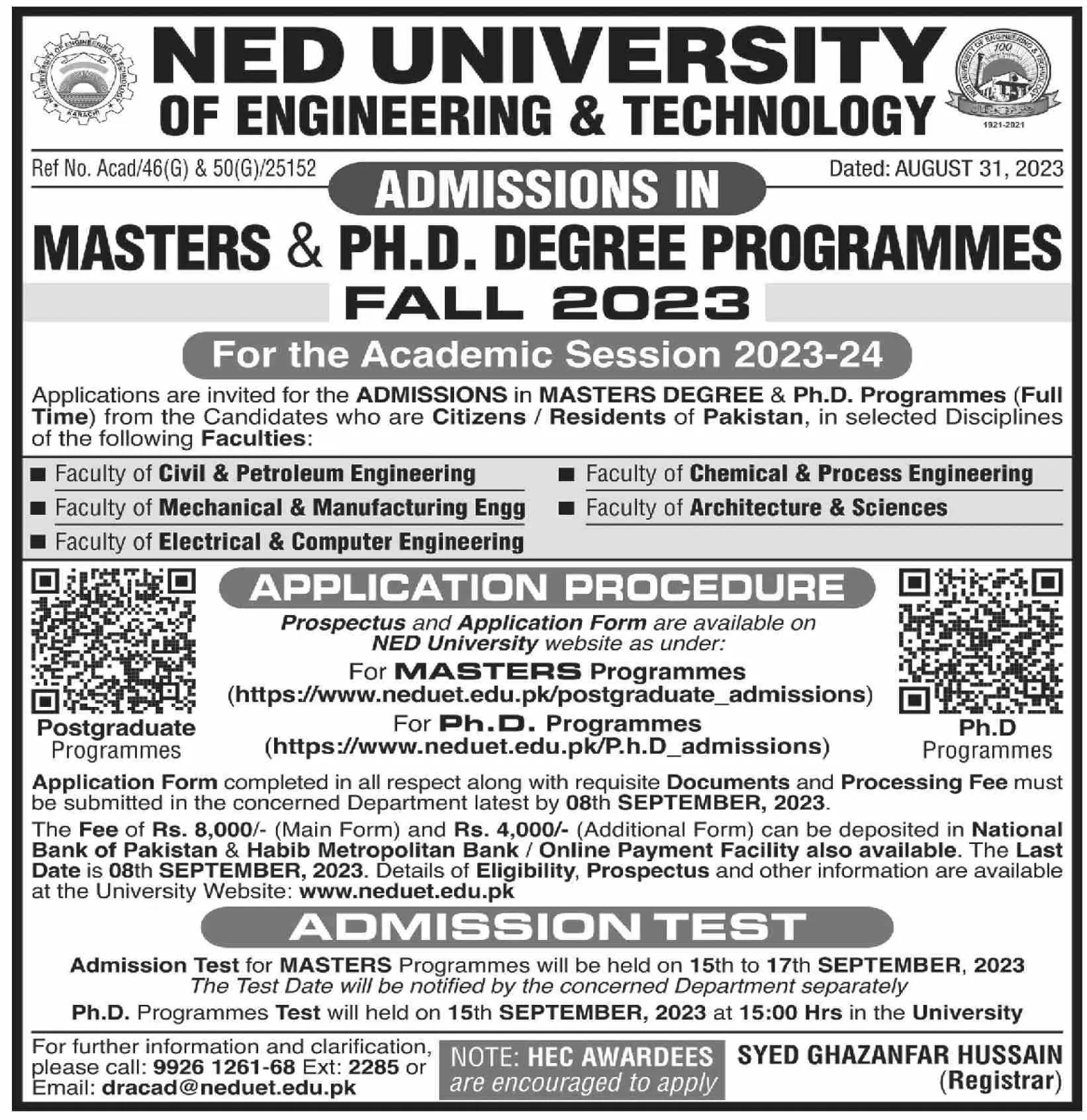 Ned University Of Engineering & Technology Admissions 2023 – NED University of Engineering and Technology Admissions 2023 — original advertisement