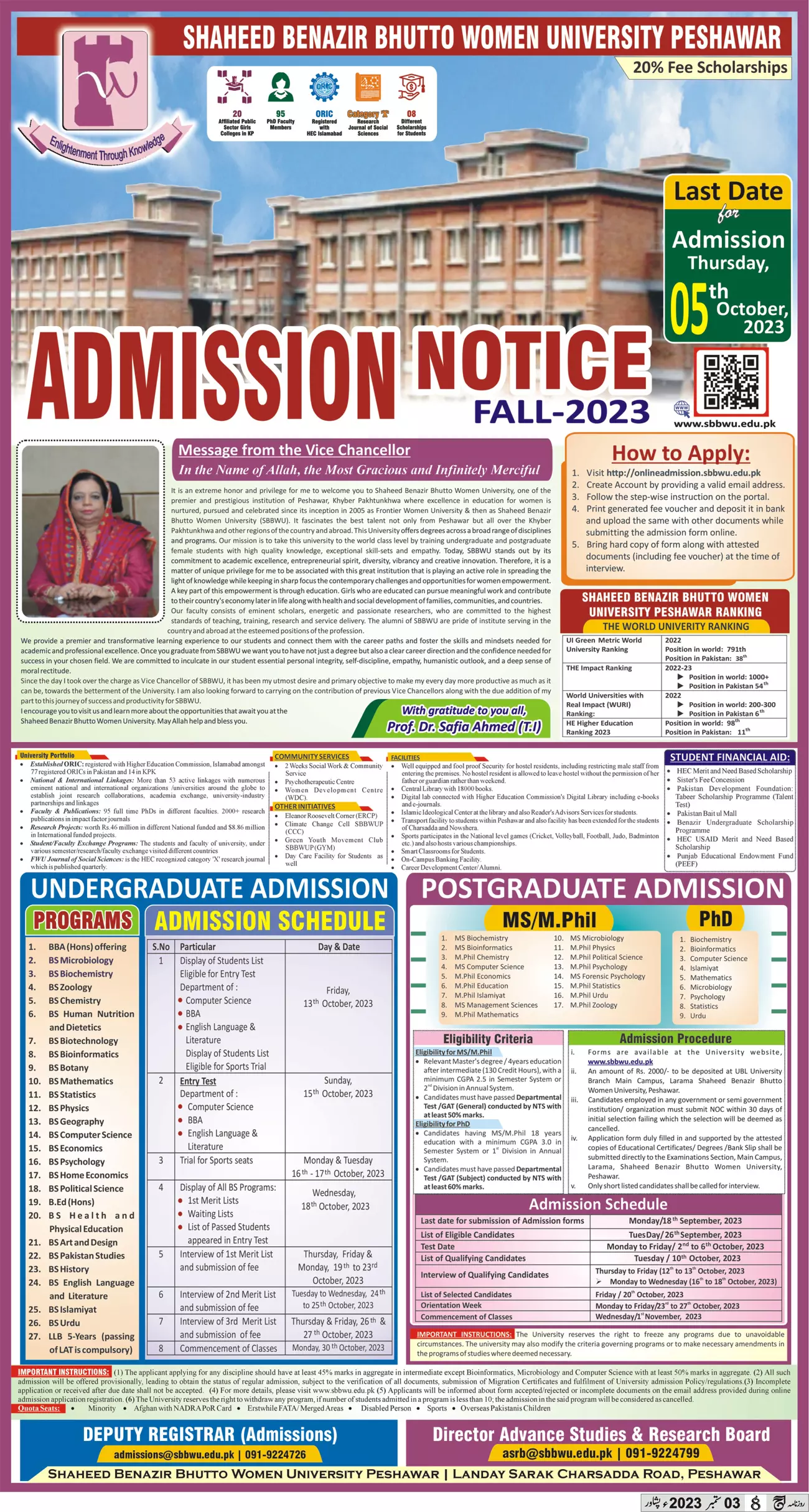 Shaheed Benazir Bhutto Women University Peshawar Admissions Admissions 2023 — original advertisement