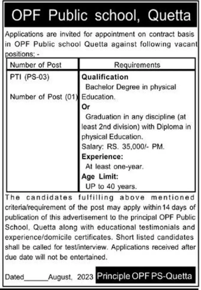 OPF Public School Quetta Jobs 2023 Jobs 2023 — original advertisement