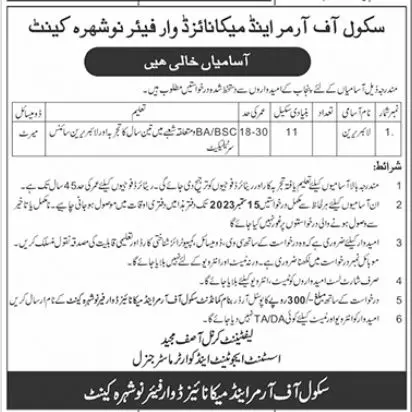 School Of Armour & Mechanized Warfare Nowshera Jobs 2023 – Pakistan Army Jobs 2023 — original advertisement