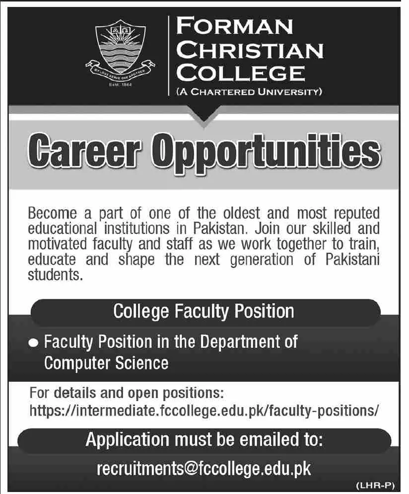 Forman Christian College Education Lahore Jobs 2023 – Forman Christian College Lahore Jobs 2023 — original advertisement
