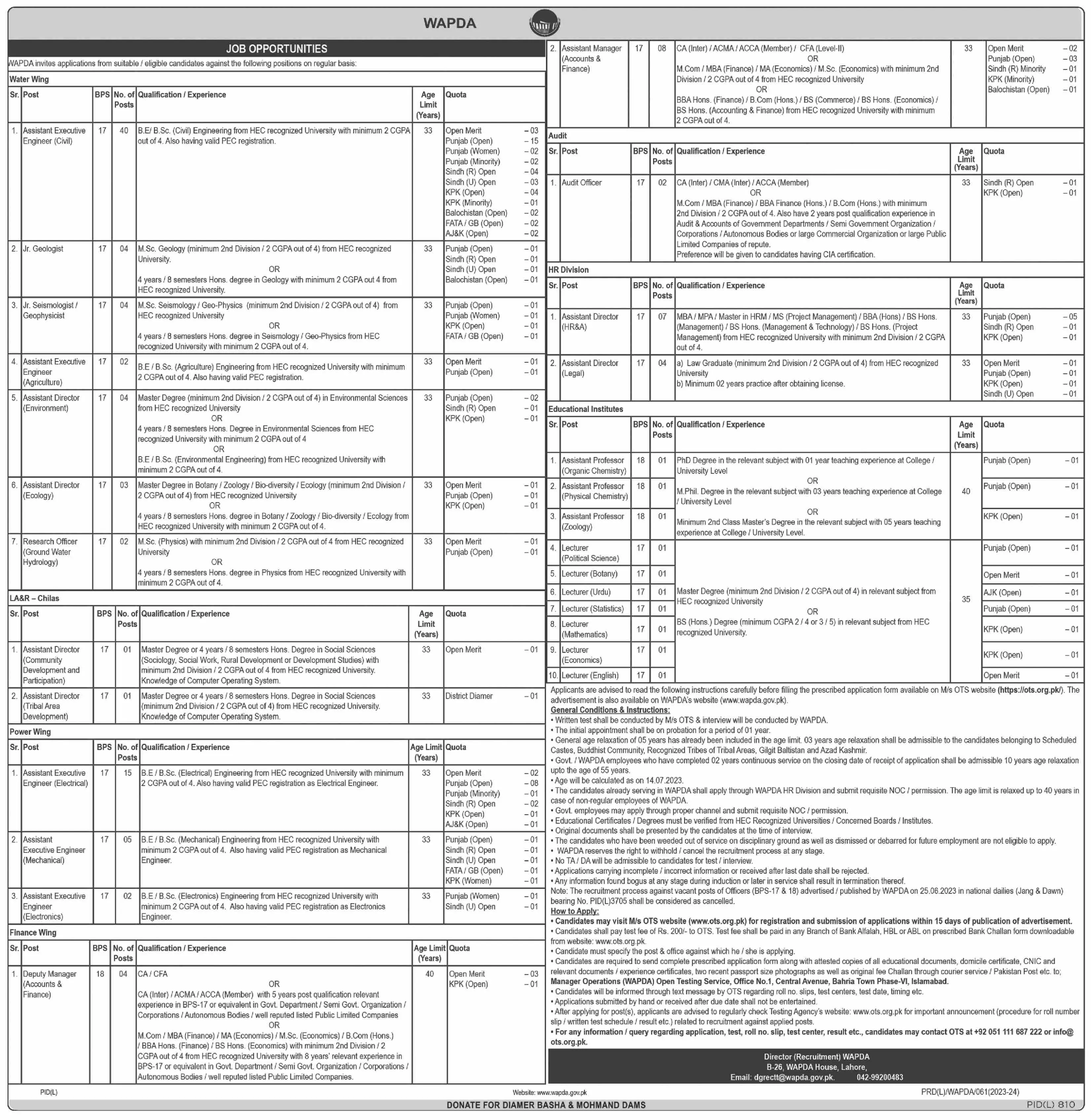 Water and Power Development Authority WAPDA Jobs 2023 Jobs 2023 — original advertisement