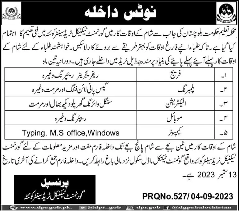 Government Technical Trade Centre GTTC Quetta Admission 2023 Admissions 2023 — original advertisement