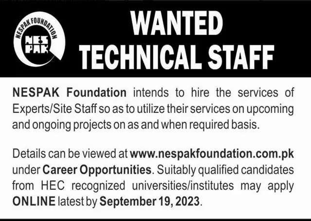 Nespak Foundation Lahore Punjab Jobs 2023 – NESPAK National Engineering Services Pakistan Jobs 2023 — original advertisement