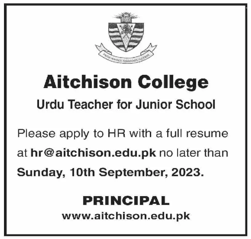 Aitchison College Urdu Teacher  Lahore Jobs 2023 – Aitchison College Lahore Jobs 2023 — original advertisement