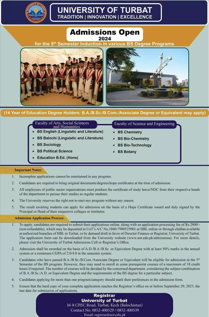 University of turbat Balochsitan Admissions Open 2024 Admissions 2023 — original advertisement