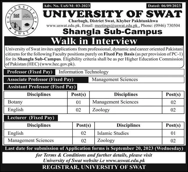 University Of Swat Walk In Interviews 2023 Jobs 2023 — original advertisement