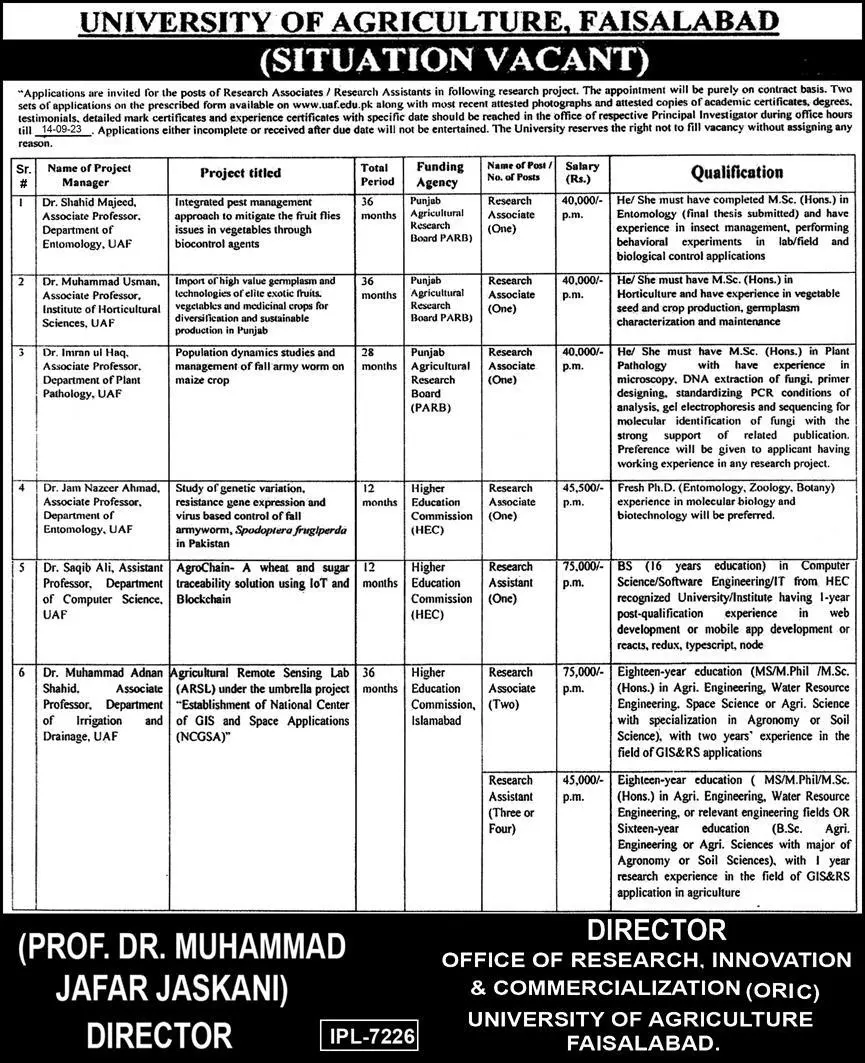 University of Agriculture UAF Faisalabad Jobs 2023 – University of Agriculture Faisalabad Jobs 2023 — original advertisement