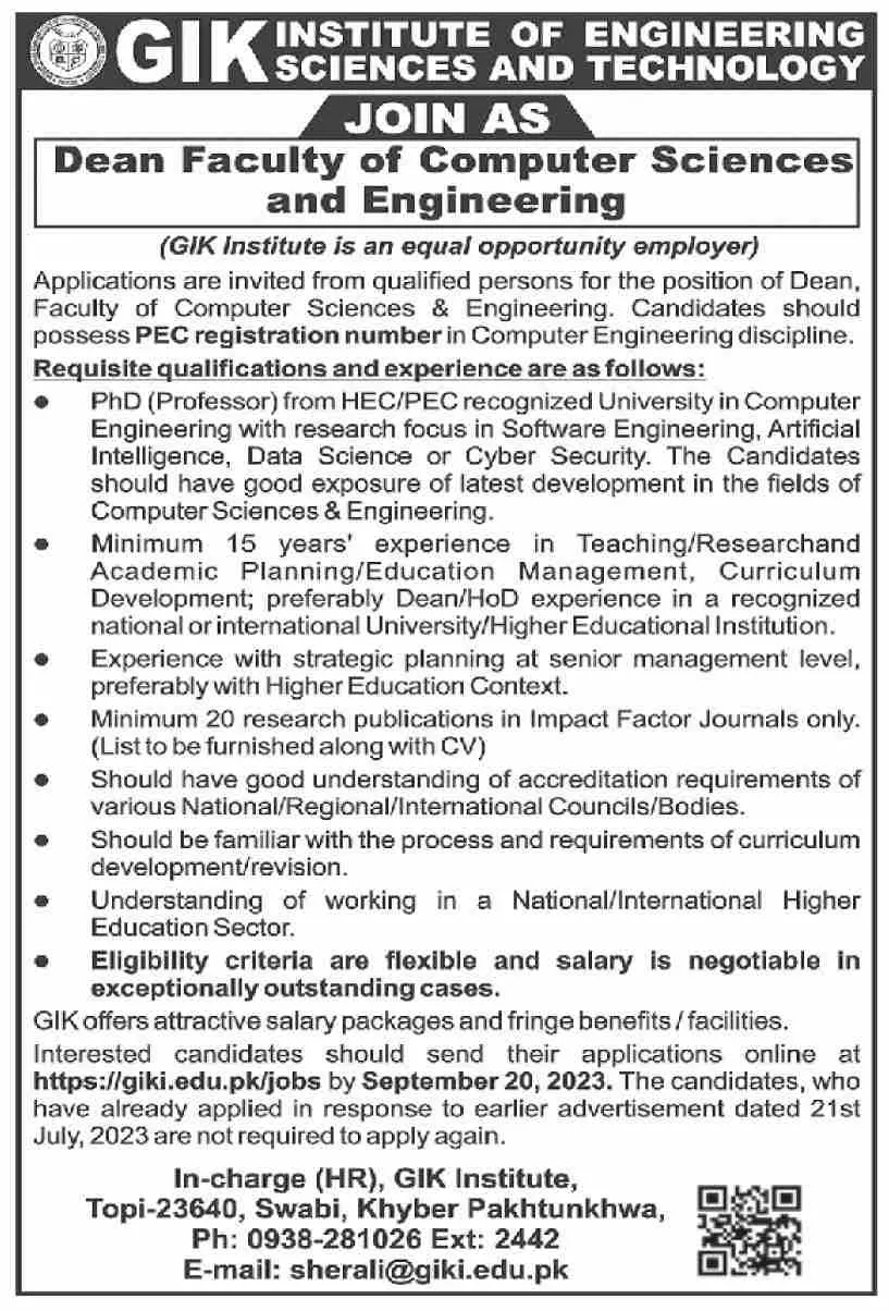Ghulam Ishaq Khan Institute of Engineering Science Jobs 2023 – Ghulam Ishaq Khan GIK Institute of Engineering Sciences and Technology Swabi Jobs 2023 — original advertisement