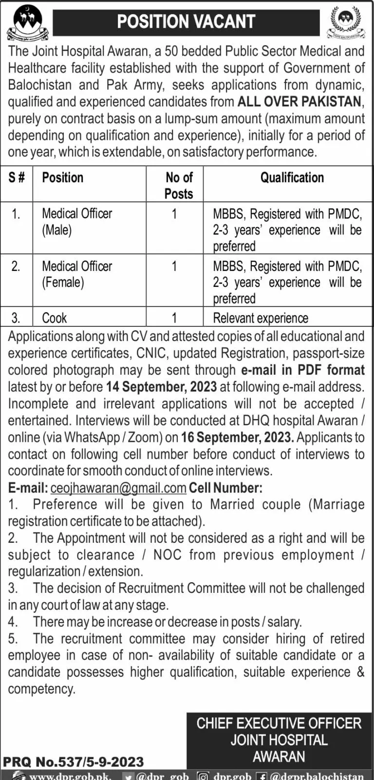 The Joint Hospital Awaran Balochistan Jobs 2023 Jobs 2023 — original advertisement