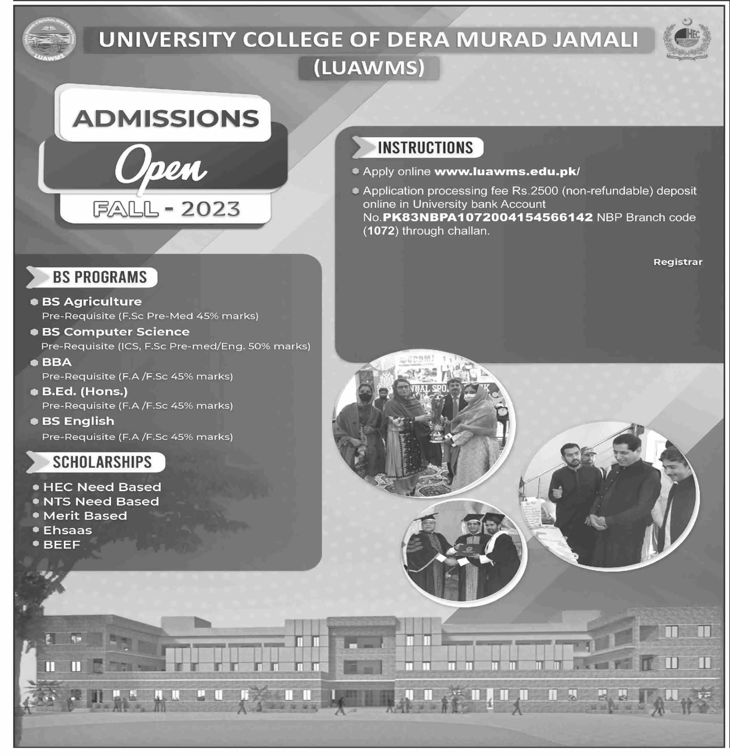 University college of Dera Murad Jamali Luawms Admissions Admissions 2023 — original advertisement
