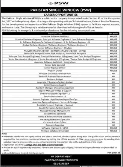 Pakistan Single Window Psw Karachi Jobs 2023 Jobs 2023 — original advertisement