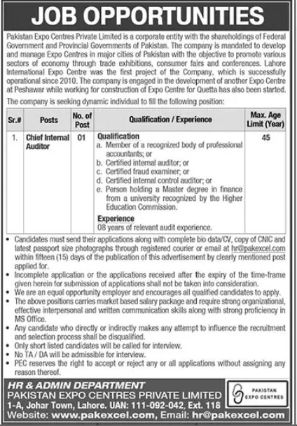 Pakistan Expo Centres Private Limited Lahore Jobs 2023 Jobs 2023 — original advertisement