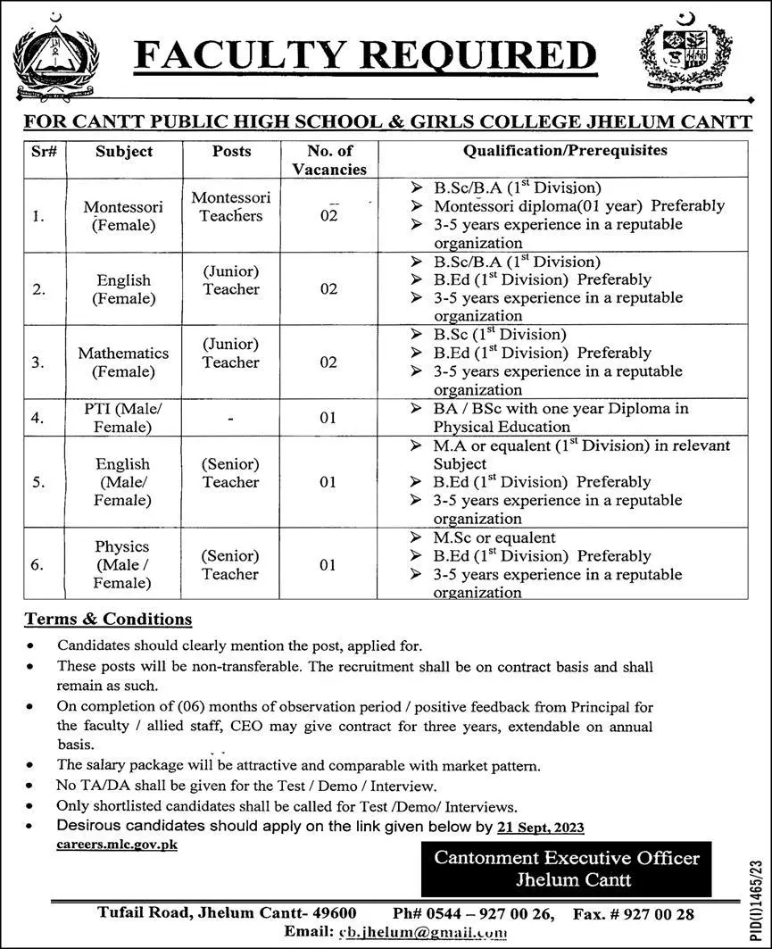 Cantt Public High School And Girls College Jhelum Cantt Jobs – Federal Govt Educational Institutes Cantts and Garrisons Jobs 2023 — original advertisement