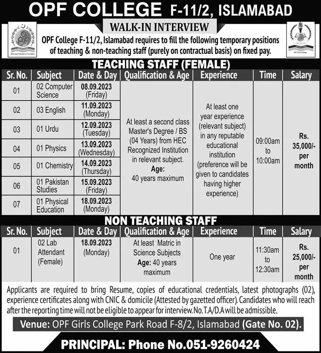 OPF College Islamabad Walk In Interviews For Jobs 2023 – OPF Girls College Jobs 2023 — original advertisement