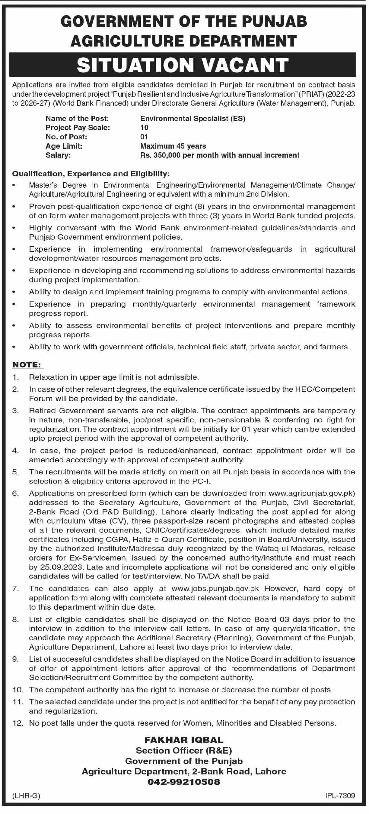 Agriculture Department Lahore Jobs 2023 – Agriculture Department Punjab Jobs 2023 — original advertisement