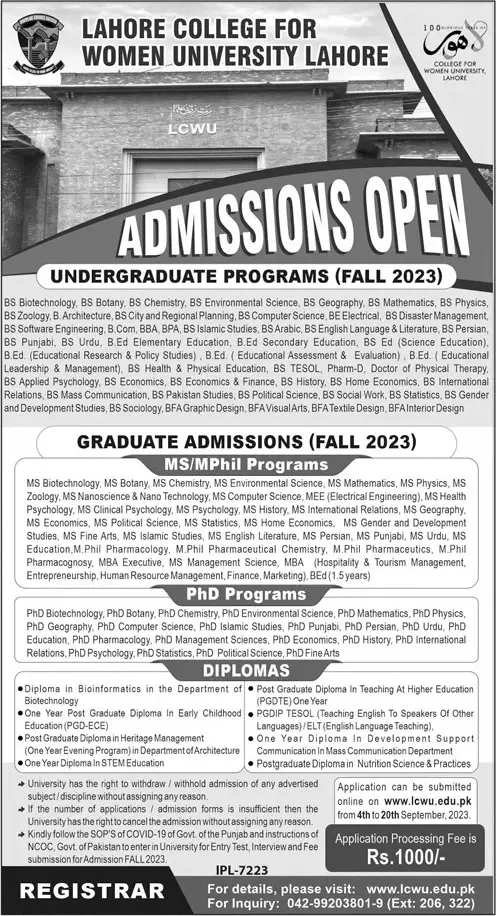 Lahore College For Women University Lahore Admissions 2023 Admissions 2023 — original advertisement