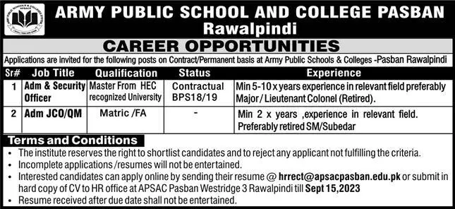 Army Public School & College APS&C Rawalpindi Jobs 2023 – Army Public School & College Paksitan Jobs 2023 — original advertisement