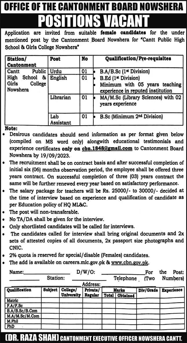 Cantonment Board Nowshera Khyber Pakhtunkhwa Jobs 2023 Jobs 2023 — original advertisement