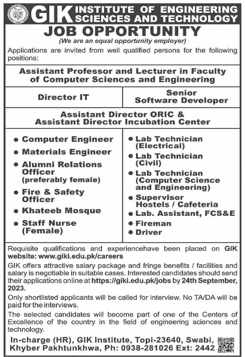 GIK Institute Of Engineering Sciences & Technology Swabi Job – Ghulam Ishaq Khan GIK Institute of Engineering Sciences and Technology Swabi Jobs 2023 — original advertisement