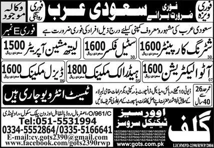 Auto Electrician & Hydraulic Mechanic Jobs 2023 Saudi Arabia – Gulf Overseas Technical Services Jobs 2023 — original advertisement