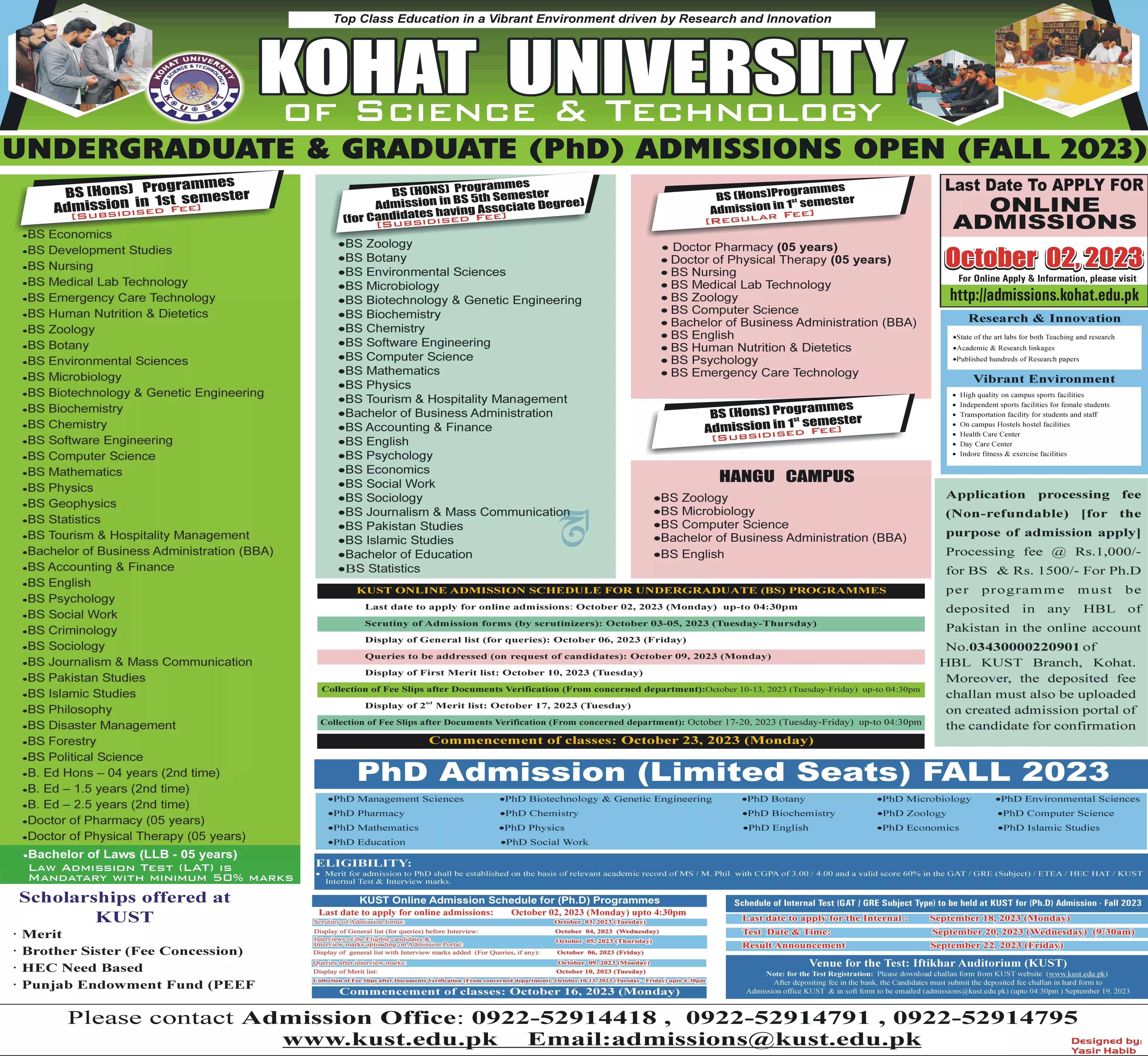Kohat University of Science and Technology Kohat Admissions Admissions 2023 — original advertisement