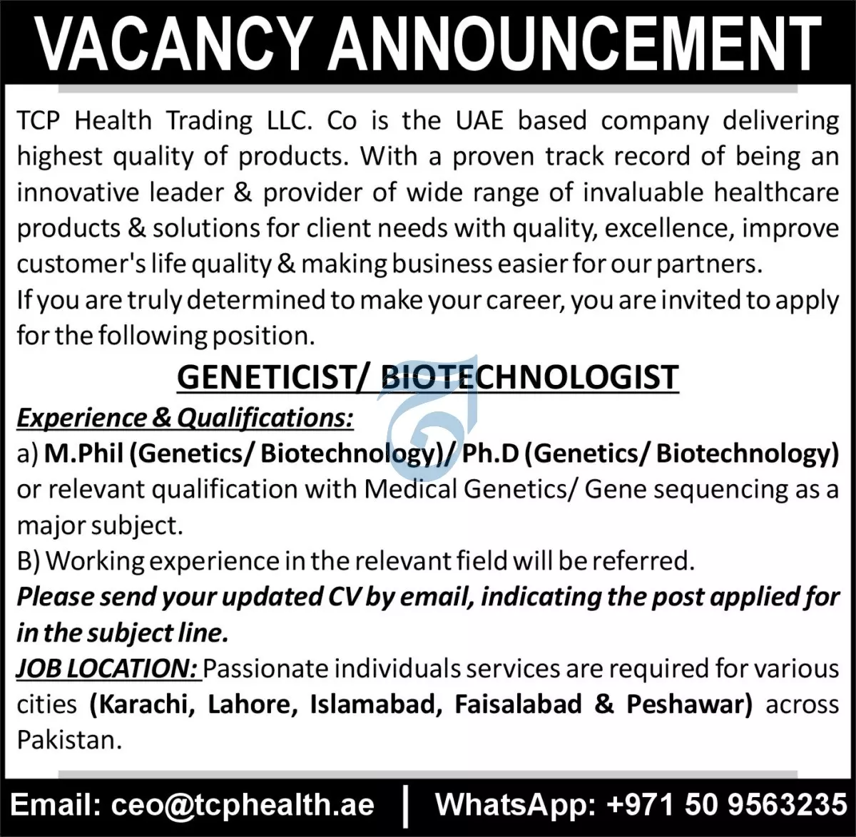 Trans Continental Pharma TCP Health Islamabad Jobs 2023 Jobs 2023 — original advertisement