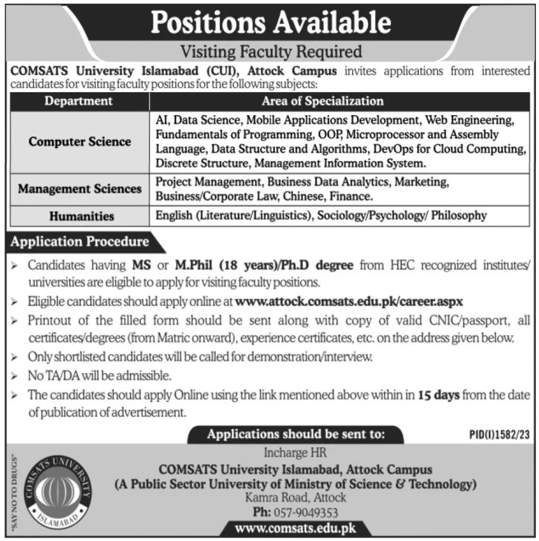 Comsats University Attock Campus Jobs 2023 – COMSATS University Islamabad Jobs 2023 — original advertisement