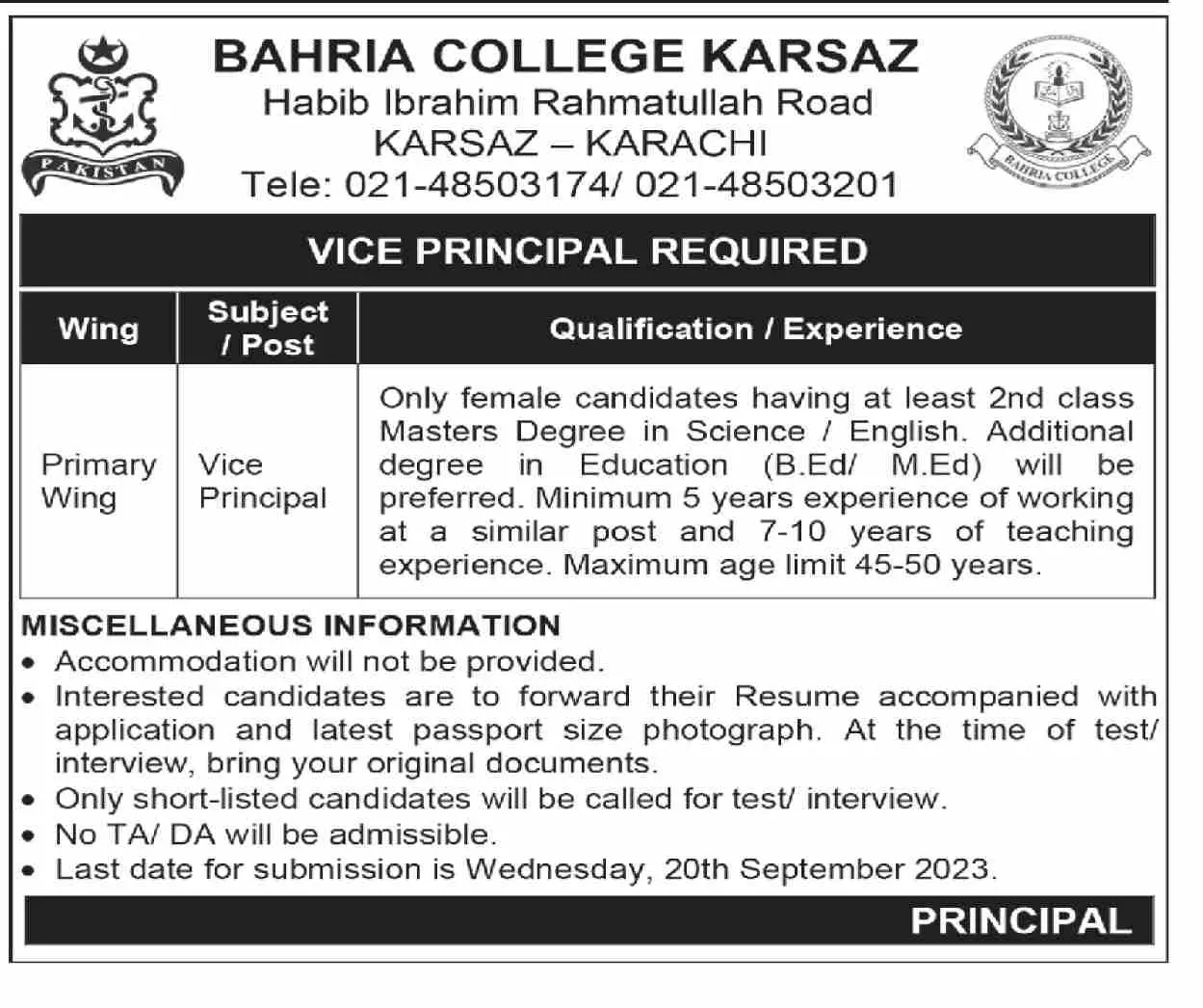 Bahria College Karsaz Karachi Jobs 2023 Jobs 2023 — original advertisement