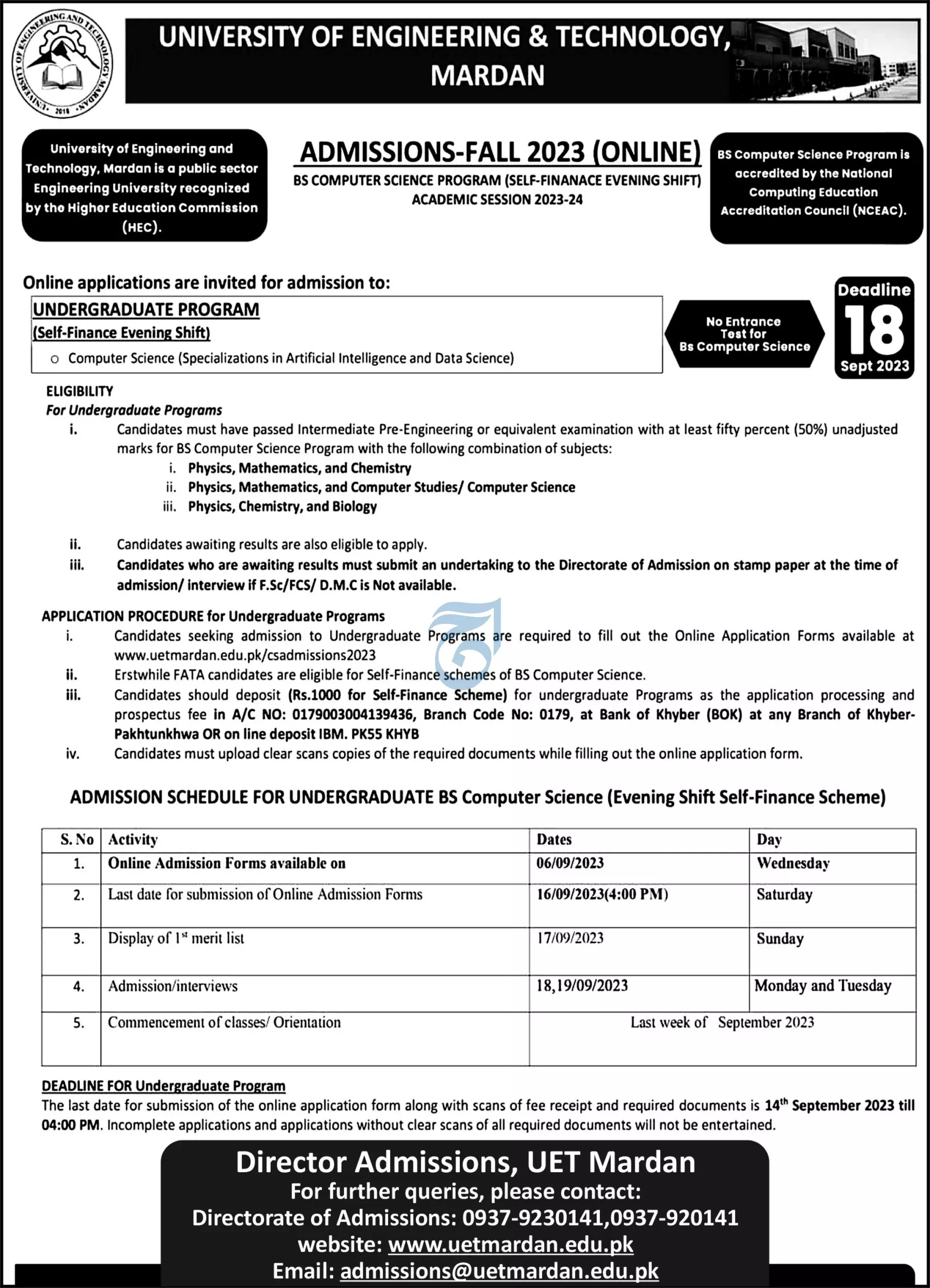 University of engineering and technology Mardan Admissions Admissions 2023 — original advertisement