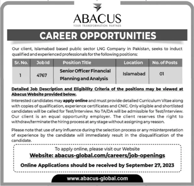Abacus Global Finance Planning & Analysis Officer Jobs 2023 – Private Company Jobs 2023 — original advertisement