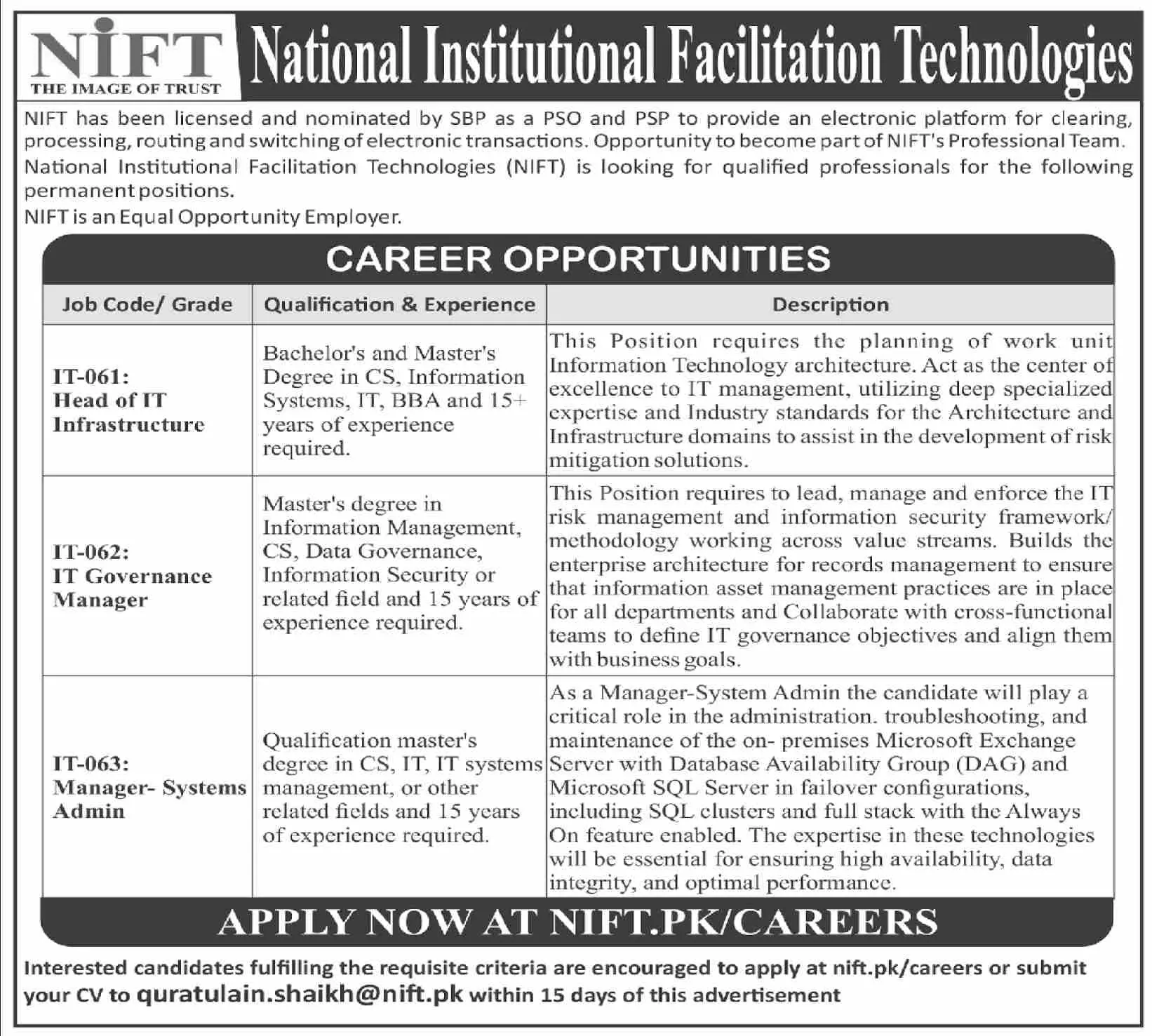 National Institutional Facilitation Technologies NIFT Jobs Jobs 2023 — original advertisement