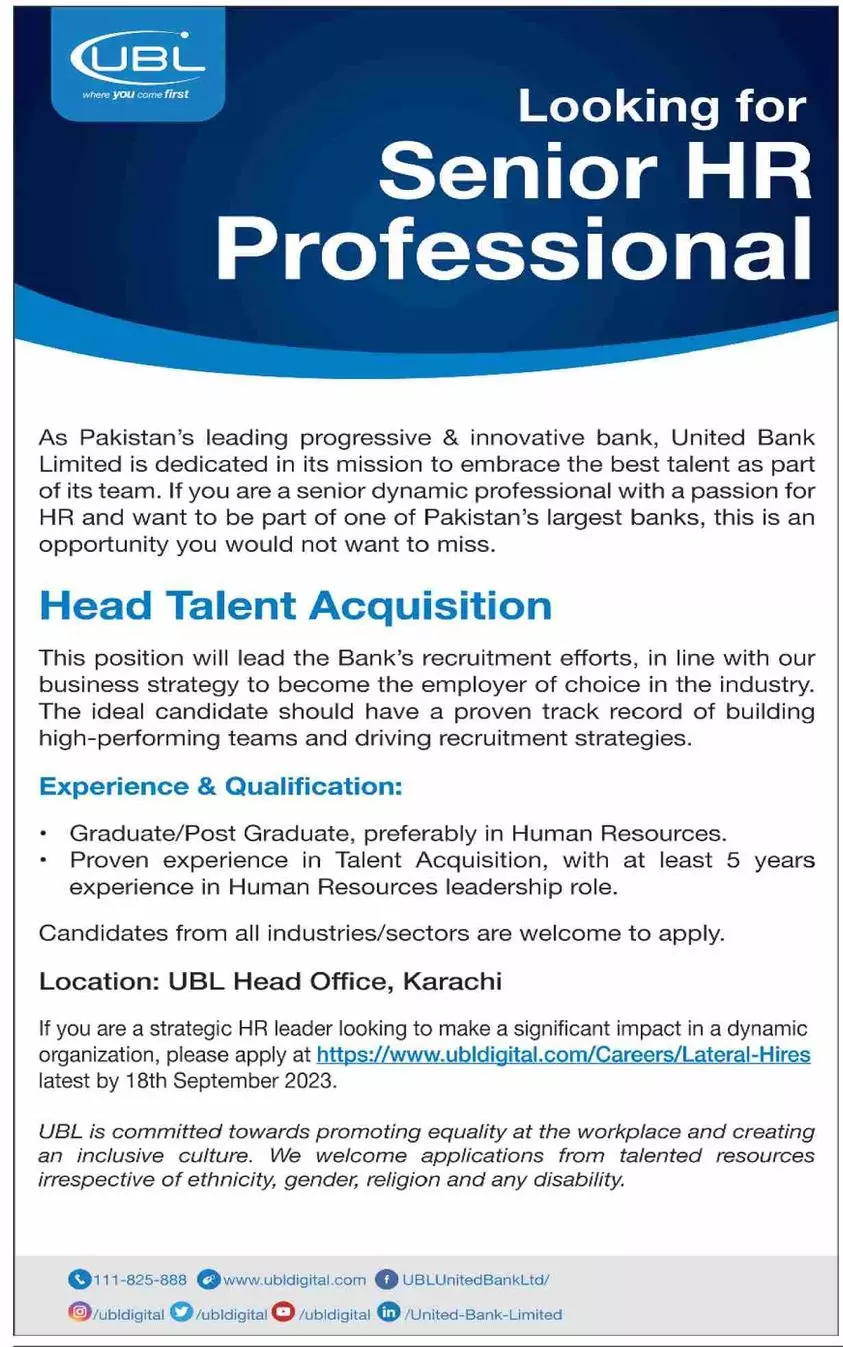 United Bank Limited UBL Karachi Jobs 2023 Jobs 2023 — original advertisement