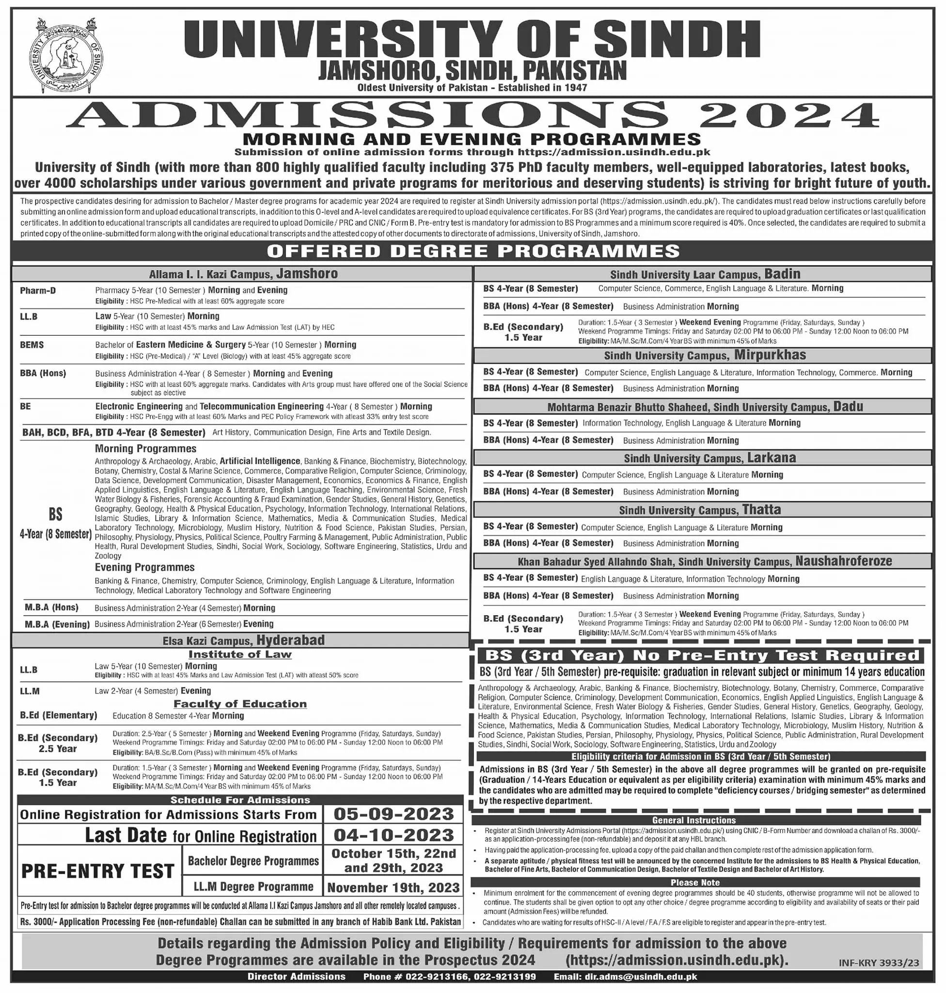 University of Sindh Jamshoro Sindh Admissions 2023 Admissions 2023 — original advertisement
