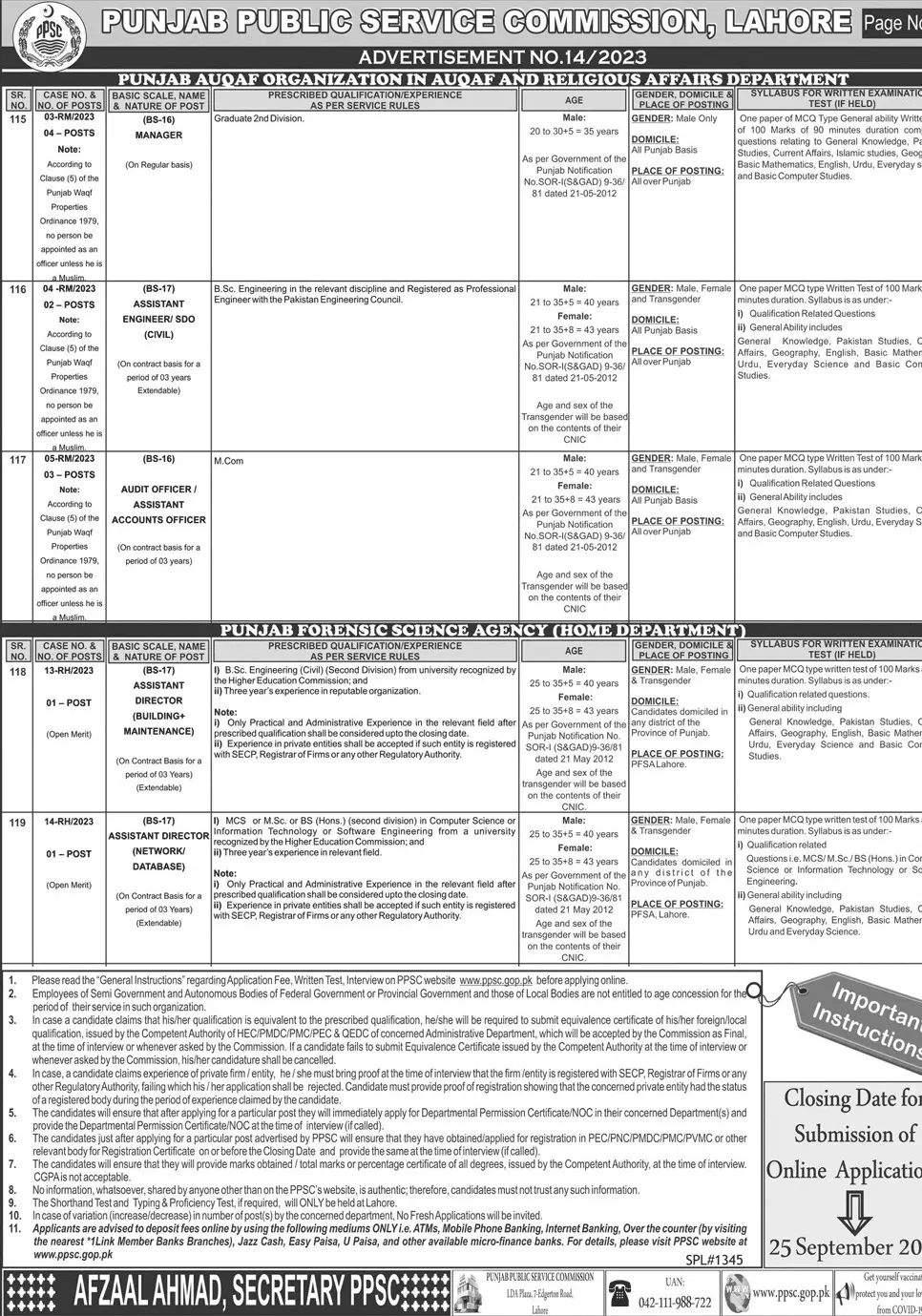 Punjab Public Service Commission PPSC Jobs 14/2023 – Punjab Public Service Commission Lahore Jobs 2023 — original advertisement