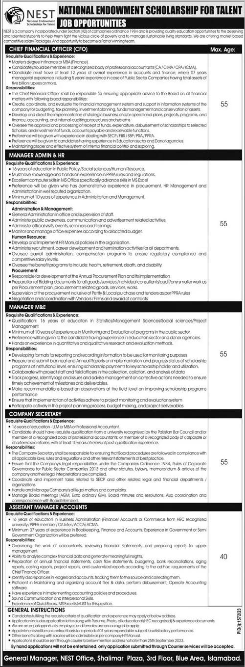 National Endowment Scholarship For Talent NEST Islamabad Job Scholarships 2023 — original advertisement
