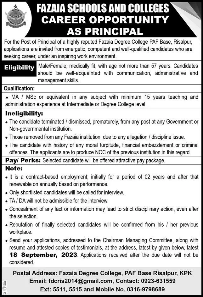 Fazaia Schools and Colleges Risalpur Jobs 2023 – Fazaia Schools & Colleges Jobs 2023 — original advertisement