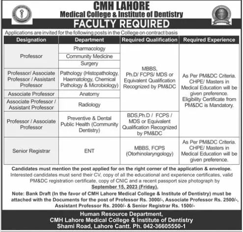 CMH Lahore Medical College Lahore Jobs 2023 Jobs 2023 — original advertisement