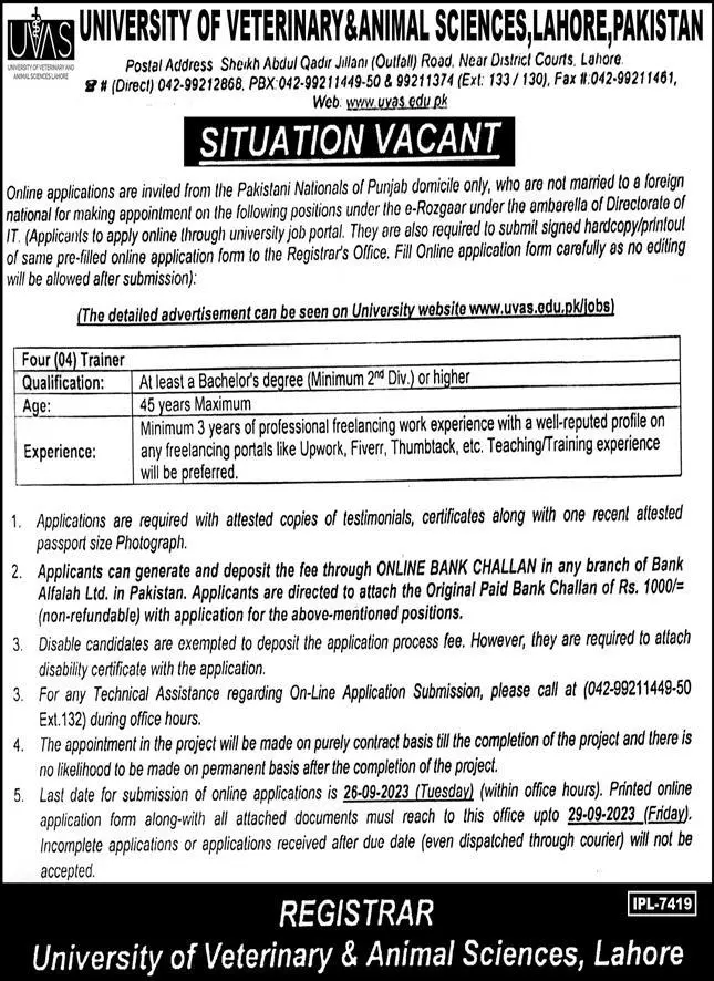 University Of Veterinary And Animal Sciences UVAS Jobs 2023 – University of Veterinary and Animal Sciences Lahore Jobs 2023 — original advertisement