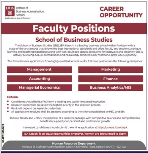Faculty Institute Of Business Administration IBA Karachi Job Jobs 2023 — original advertisement
