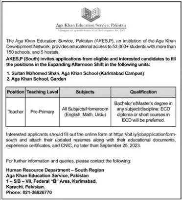 Aga Khan Education Service Pakistan Karachi Jobs 2023 Jobs 2023 — original advertisement