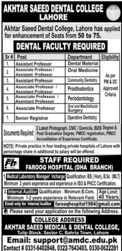 Akhtar Saeed Medical College Lahore Jobs 2023 – Akhtar Saeed Medical And Dental College Jobs 2023 — original advertisement