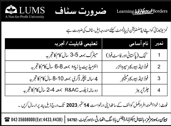 Lahore University of Management Sciences lums Lahore Jobs – Lahore University of Management Sciences (LUMS) Lahore Jobs 2023 — original advertisement