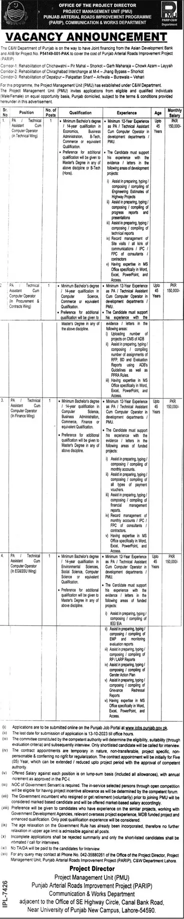 Punjab Arterial Roads Improvement Programme PARIP Jobs 2023 – Communications and Works Department Punjab Jobs 2023 — original advertisement